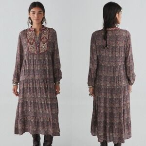 Maison Hotel Embroidered Paisley Tiered Midi Dress Long Sleeve Size XS